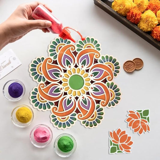 Tyohari Rangoli Making Stencils with Rangoli Colours (10 Color Bottles), 11 Inch, Rangoli Mat| Reusable Rangoli Mats for Diwali Decoration, Rangoli Stencils, Rangoli Tools |