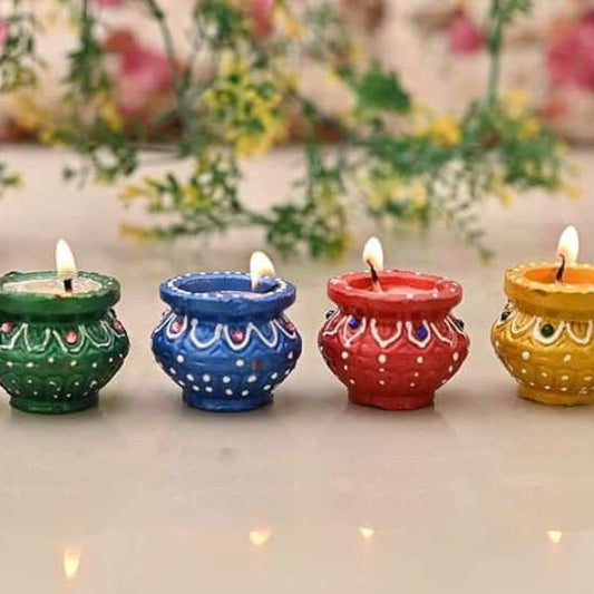 Matki Diwali Diyas | Traditional Handmade Terracotta Clay Diya | Mitti Deepak Decorate for Diwali | Diya for Puja | Diwali Home Decoration Diya (Set of 4, Multicolor)